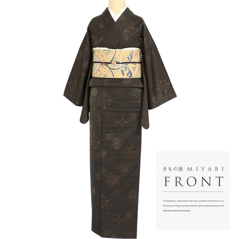 小紋 リサイクル 身丈156.2cm 裄65cm 袷 紬調絣に点描柄 地紋 ブラウン Mサイズ お洒落 カジュアル ポリエステル 洗える着物 広衿 Sランク