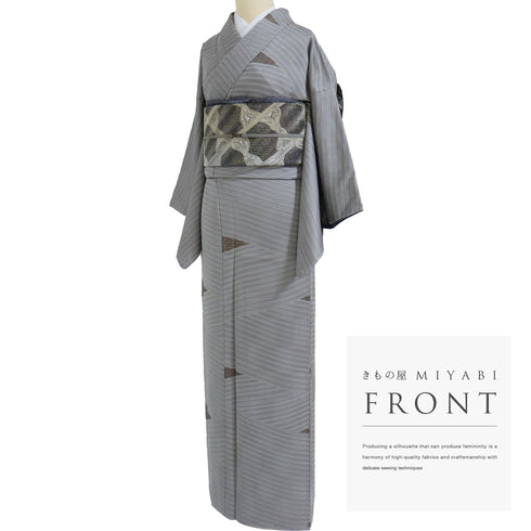 小紋 リサイクル 身丈162.3cm 裄63.4cm 袷 幾何学柄 箔 グレー Lサイズ お洒落 カジュアル 正絹 広衿 Sランク