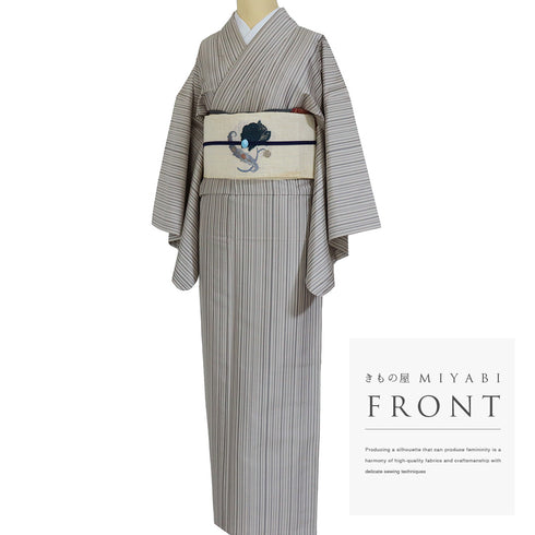 紬 リサイクル 身丈158.5cm 裄65.8cm 単衣 縞模様 グレー Mサイズ カジュアル 正絹 広衿 Aランク