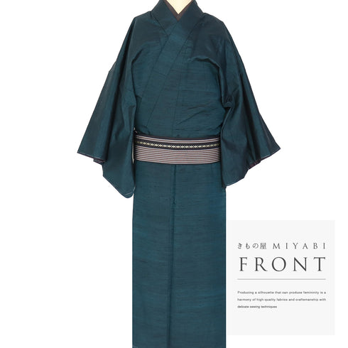 アンサンブル 男物 リサイクル 身丈144cm 裄70.6cm 羽織丈93cm 袷 紬 グリーン Sサイズ お洒落 カジュアル しつけ糸 正絹 棒衿 Sランク