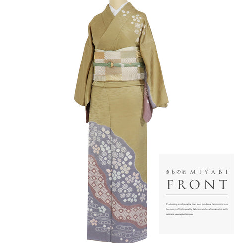 訪問着 リサイクル 身丈159cm 裄65cm 袷 観世水 花柄 部分絞り ベージュ サイズ セミフォーマル お洒落 一つ紋 正絹 広衿 Sランク