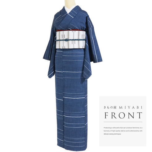 紬 リサイクル 身丈155.8cm 裄62.6cm 袷 横縞柄 上田紬 ネイビー Mサイズ お洒落 カジュアル 証紙 しつけ糸 正絹 広衿 Sランク