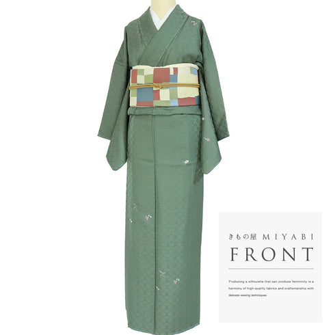 小紋 リサイクル 身丈小紋 リサイクル 身丈156.5cm 裄64.4cm 袷 松葉模様 小花柄刺繍 ガード加工 地紋 グリーン Mサイズ お洒落 しつけ糸 正絹 広衿 Sランク 裄64.4cm 袷 松葉模様 小花柄刺繍 ガード加工 地紋 グリーン Mサイズ お洒落 しつけ糸 正絹 広衿 Sランク