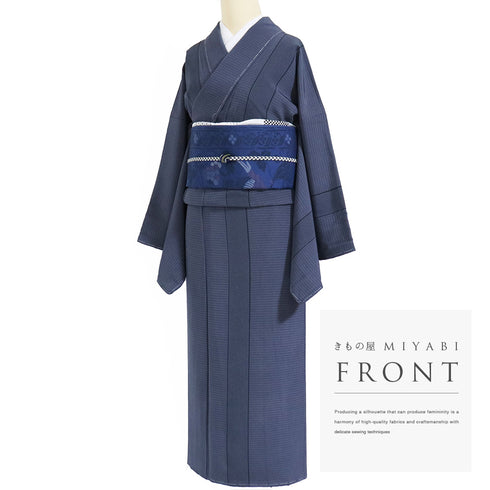 付下げ リサイクル 身丈161.7cm 裄68.6cm 袷 ・格子柄 縞柄 ゆったり ブルー Lサイズ お洒落 落款 しつけ糸 正絹 広衿 Sランク