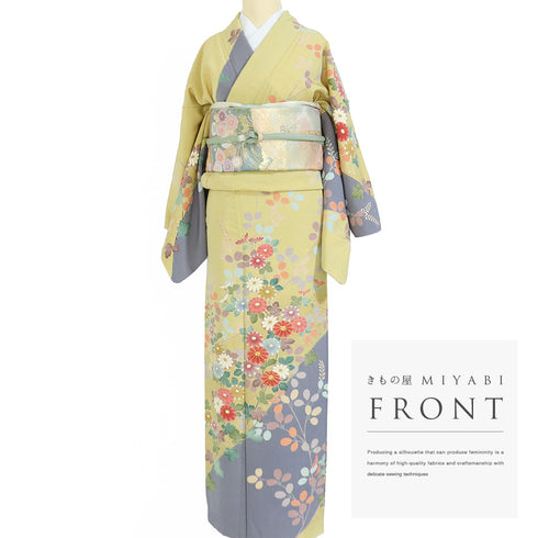 訪問着 身丈171.8cm 裄67.2cm 袷 菊柄 金駒刺繡 慶彩小袖 イエロー LLサイズ フォーマル 落款 正絹 広衿 Sランク