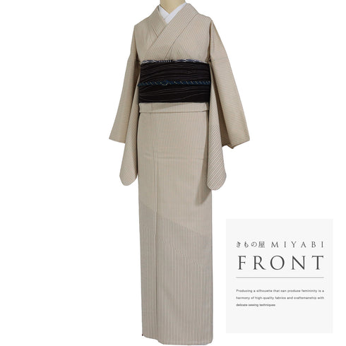 付下げ リサイクル 身丈169cm 裄66.8cm 単衣 縞柄 塩沢紬 ベージュ サイズ お洒落 しつけ糸 正絹 広衿 Sランク