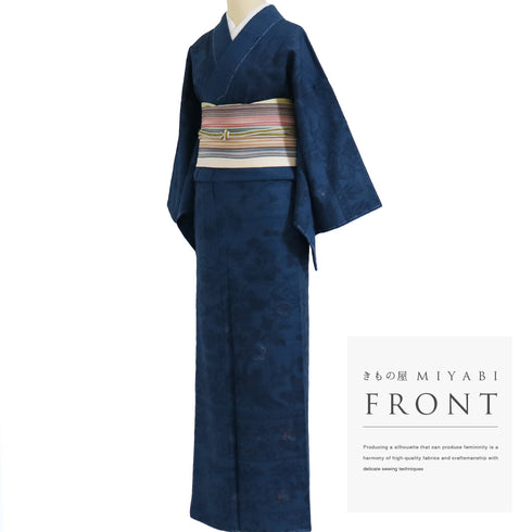 付下げ リサイクル 身丈159.3cm 裄66cm 袷 紬 花柄 木柄 染紬 ブルー Mサイズ お洒落 しつけ糸 正絹 広衿 Sランク