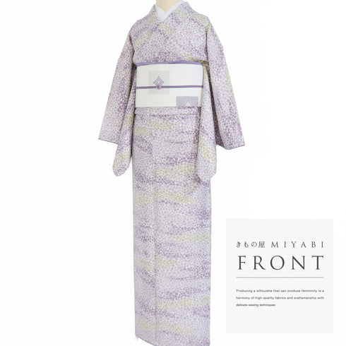 小紋 リサイクル 身丈158.5cm 裄66.4cm 袷 地紋 パープル Mサイズ お洒落 カジュアル ポリエステル 洗える着物 広衿 Sランク