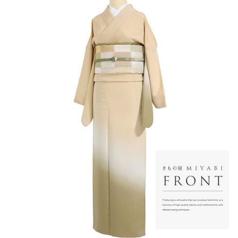 訪問着 リサイクル 身丈171.3cm 裄69.6cm 袷 木目の地紋に裾ボカシ柄 ベージュ LLサイズ お洒落 正絹 広衿 Sランク