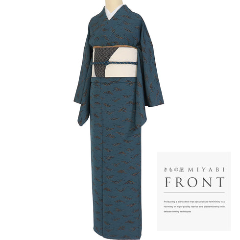 小紋 リサイクル 身丈163cm 裄67.8cm 袷 幾何学模様 お洒落八掛 ブルー Lサイズ お洒落 カジュアル 正絹 広衿 Aランク