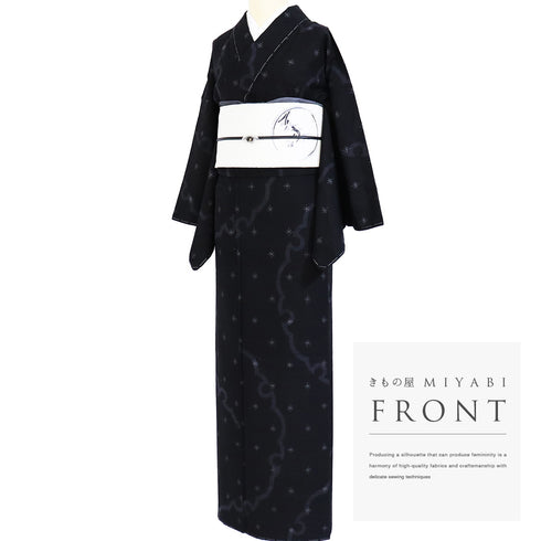 紬 リサイクル 身丈159cm 裄66.8cm 袷 雪輪柄 ブラック Mサイズ カジュアル お洒落 しつけ糸 正絹 広衿 Sランク