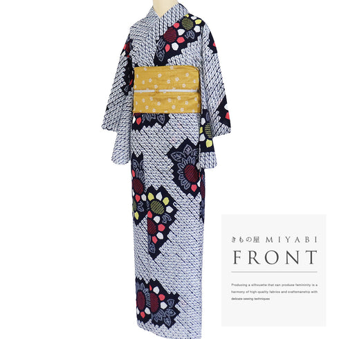 浴衣 リサイクル 夏着物 身丈151cm 裄62.8cm 夏物 花柄に麻の葉柄 絞り ネイビー Sサイズ カジュアル しつけ糸 木綿 洗える着物 バチ衿 Sランク