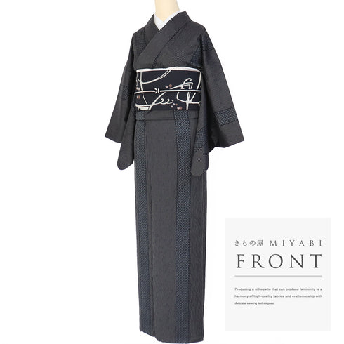 大島紬 リサイクル 身丈166.2cm 裄65cm 袷 縫締め絞り 縞柄 ブラック LLサイズ お洒落 カジュアル 証紙 正絹 広衿 Sランク