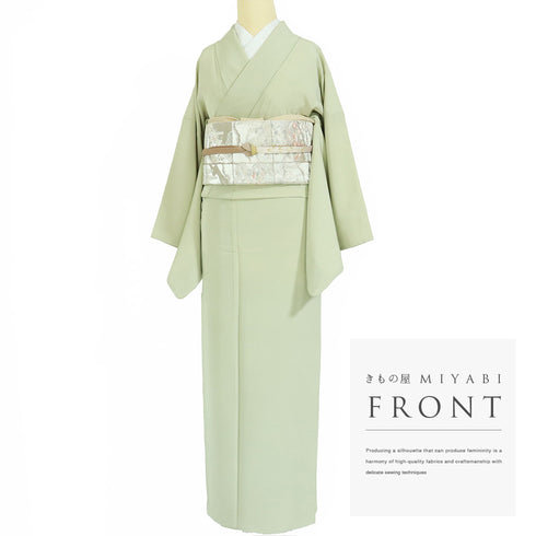 色無地 リサイクル 身丈155.3cm 裄66cm 袷 グリーン Sサイズ お洒落 正絹 広衿 地紋なし Bランク