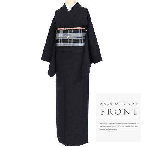 紬 リサイクル 身丈164.8cm 裄66.8cm 袷 無地 刺繍 ブラック Lサイズ お洒落 カジュアル 正絹 広衿 Aランク