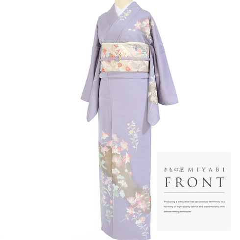 訪問着 リサイクル 身丈175.5cm 裄68.2cm 袷 花柄 箔 パープル LLサイズ セミフォーマル 正絹 広衿 Aランク