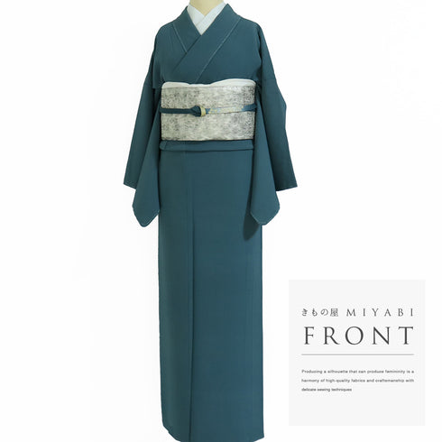 色無地 リサイクル 身丈159.5cm 裄65.7cm 袷 グリーン Mサイズ お洒落 落款 しつけ糸 正絹 広衿 地紋なし Sランク