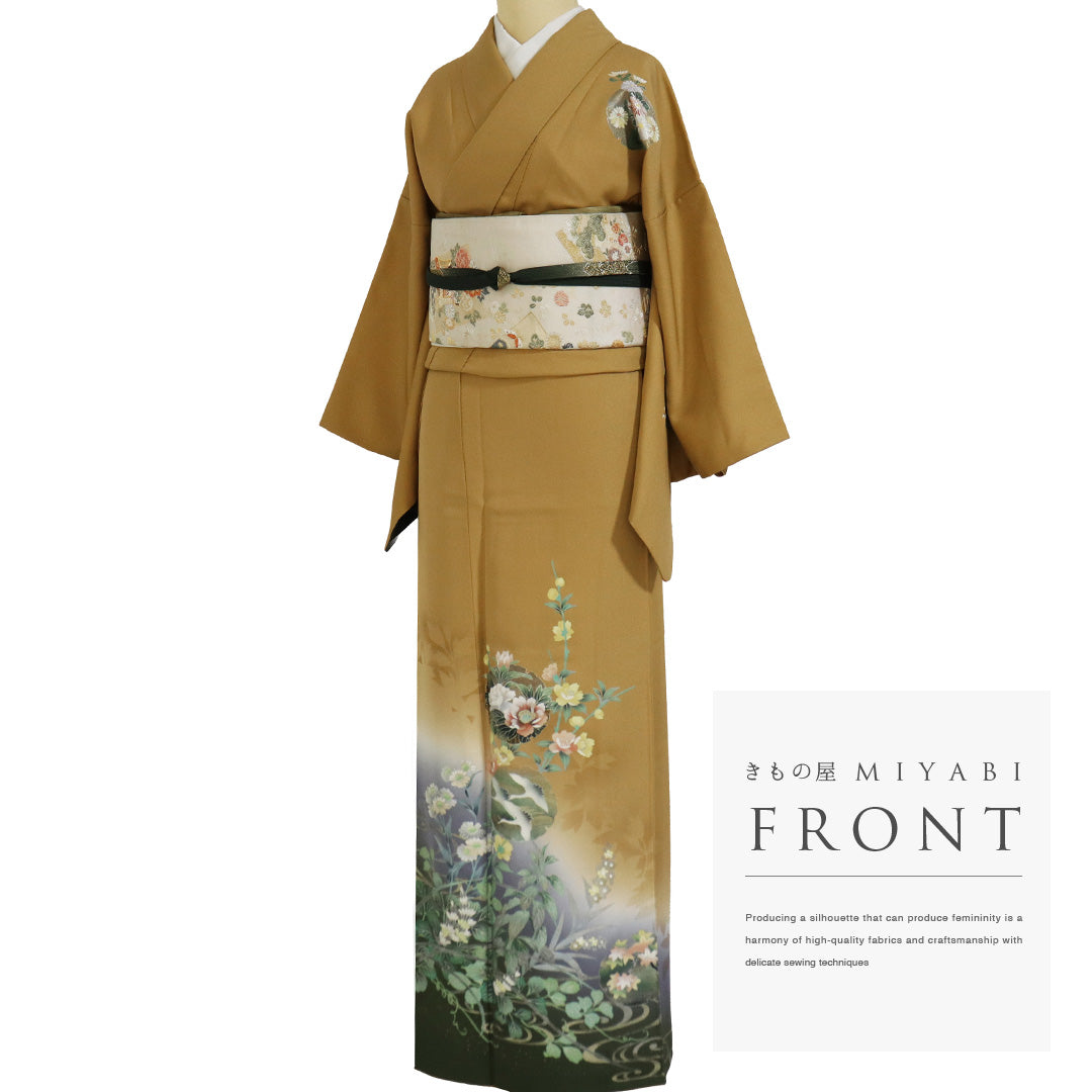 着用少ない！紗袷＊鶴＆波＊グレー＊高級感あり＊色留袖＊着物＊１６０ｃｍ＊裄６９ リサイクル着物 訪問着 袷 身丈160cm 裄64.4cm 雪輪模様 鶴柄 花