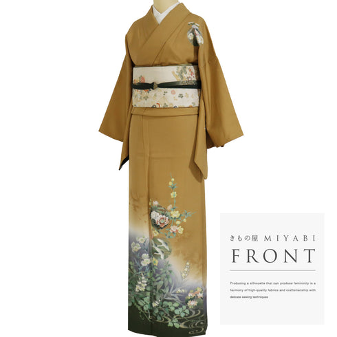 訪問着 リサイクル 身丈160cm 裄64.4cm 袷 雪輪模様 鶴柄 花柄 箔加工 イエロー Mサイズ セミフォーマル お洒落 正絹 広衿 Aランク