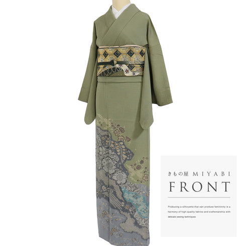 色留袖 リサイクル 身丈159.2cm 裄65.4cm 袷 辻ヶ花模様 絞り 大脇一心 グリーン Mサイズ 落款 三つ紋 正絹 広衿 Sランク