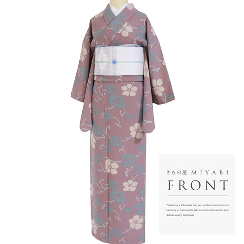 小紋 リサイクル 身丈160.5cm 裄64.4cm 袷 蔓や花柄 ピンク Lサイズ お洒落 カジュアル 正絹 広衿 Sランク