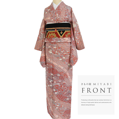 小紋 リサイクル 身丈159.6cm 裄64.4cm 袷 風景に松や菊柄 総柄 ゆったりサイズ ピンク Mサイズ お洒落 正絹 広衿 Sランク