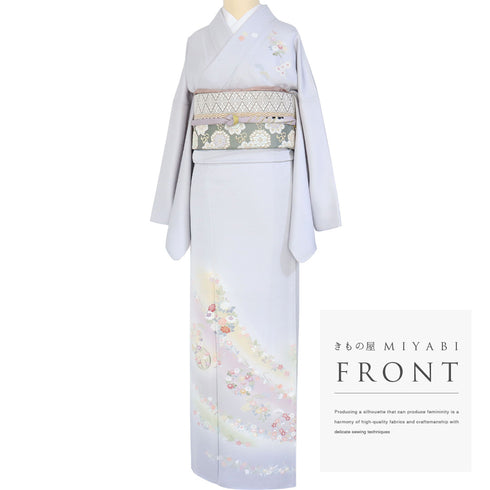 訪問着 リサイクル 身丈163.8cm 裄71.8cm 袷 花丸や華文柄 地紋 金駒刺繍 グレー Lサイズ フォーマル セミフォーマル 正絹 広衿 Sランク