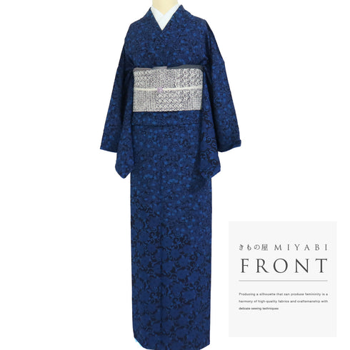 付下げ リサイクル 身丈168cm 裄67.6cm 袷 小紋 菊唐草文様 草花柄 ブルー LLサイズ お洒落 正絹 広衿 Sランク