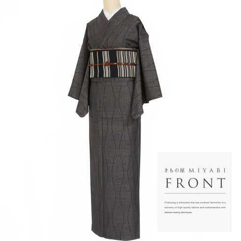 大島紬 リサイクル 身丈159.3cm 裄64cm 袷 立枠柄 ブラウン Mサイズ お洒落 カジュアル 証紙 しつけ糸 正絹 広衿 Sランク