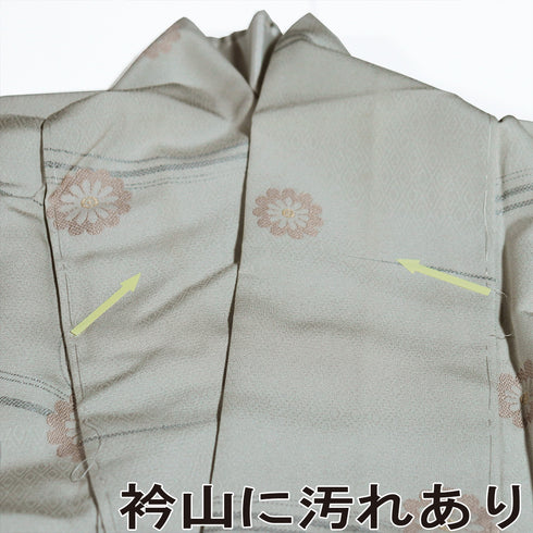 小紋 リサイクル 身丈153.8cm 裄64.8cm 袷 菊柄 デザイン蔓柄 パールトーン加工 グレー Sサイズ お洒落 しつけ糸 正絹 広衿 Aランク
