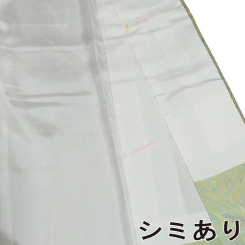 小紋 リサイクル 身丈161cm 裄65.4cm 袷 墨流し 地紋 グリーン Lサイズ お洒落 正絹 広衿 Sランク