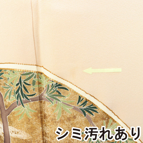 色留袖 リサイクル 身丈157.8cm 裄67.4cm 袷 波頭に四季花柄 金駒刺繍 ベージュ Mサイズ セミフォーマル 一つ紋 正絹 広衿 Aランク