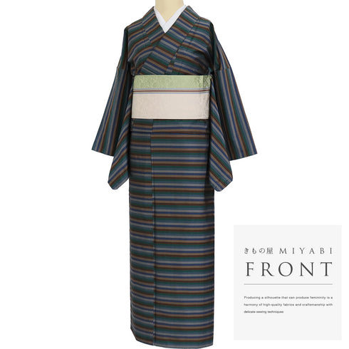 大島紬 リサイクル アンサンブル 2点セット 袷 証紙 Lサイズ Aランク ボーダー柄 カジュアル 道行コート丈89.5cm 身丈161.5cm 裄64.8cm 正絹 着物 AN-56