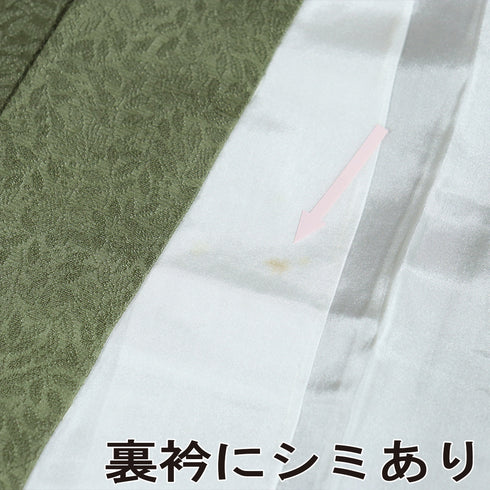 色無地 リサイクル 身丈154.8cm 裄64.4cm 袷 枝や葉に花柄 草木染 七五三 グリーン Sサイズ フォーマル お洒落 証紙 正絹 バチ衿 地紋あり Sランク