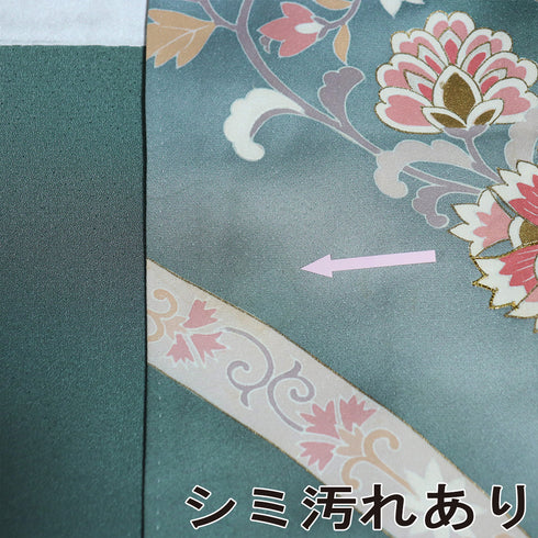 訪問着 リサイクル 身丈155cm 裄65.2cm 袷 花唐草柄 金駒刺繍 箔 グリーン Sサイズ セミフォーマル お洒落 正絹 広衿 Bランク