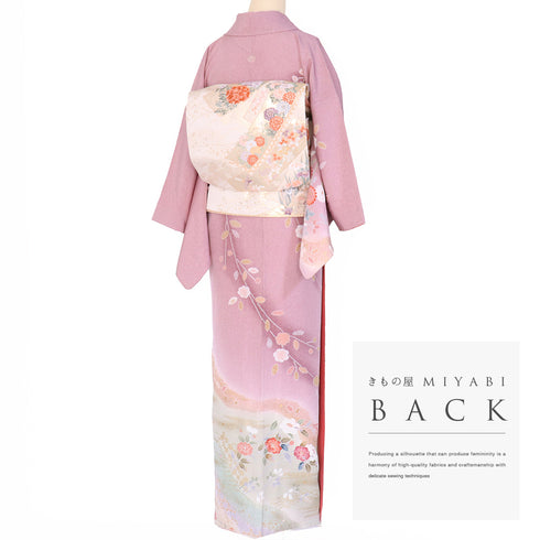 付下げ リサイクル 身丈159cm 裄63cm 袷 道長取りに菊やしだれ花模様 絞り柄 パープル Mサイズ セミフォーマル 一つ紋 正絹 広衿 Aランク