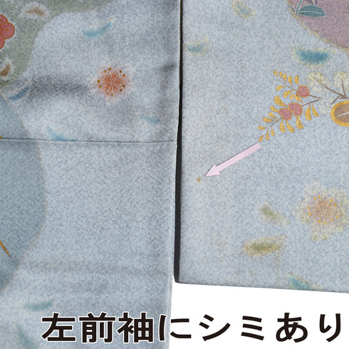 訪問着 リサイクル 身丈157.5cm 裄64.8cm 袷 道長取り 花柄 箔加工 ブルー Mサイズ セミフォーマル 正絹 広衿 Sランク