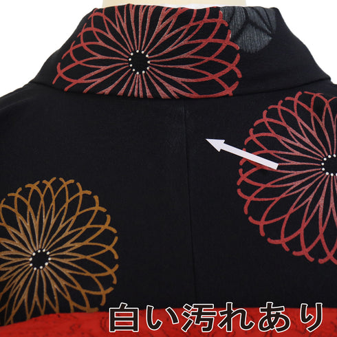 小紋 リサイクル 身丈167.7cm 裄69cm 袷 デザイン菊柄 丸に麻の葉柄 既製品 ブラック LLサイズ お洒落 カジュアル ポリエステル 洗える着物 広衿 Aランク