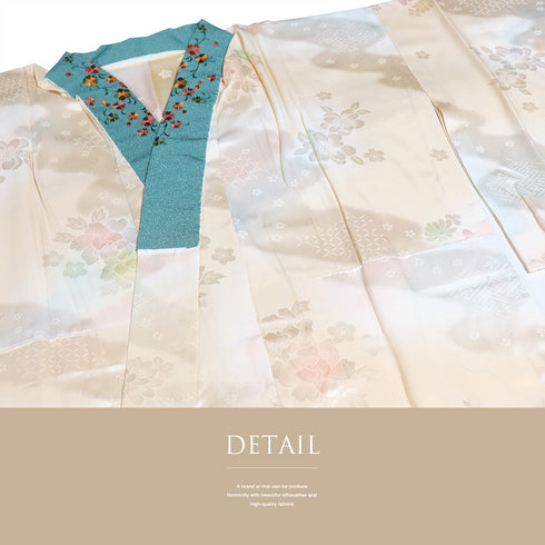 長襦袢 リサイクル 長襦袢 身丈127.5cm 裄68.8cm 袷 牡丹柄 地紋 刺繍半衿 後身頃居敷当て付き ぼかし オレンジ LLサイズ 正絹 袖無双 Sランク