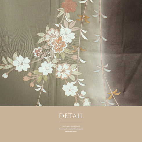 訪問着 リサイクル 身丈156.5cm 裄62.8cm 袷 枝垂れ花柄 十二代目 市川団十郎 刺繍 箔 ブラウン Mサイズ セミフォーマル 落款 一つ紋 しつけ糸 正絹 広衿 Sランク