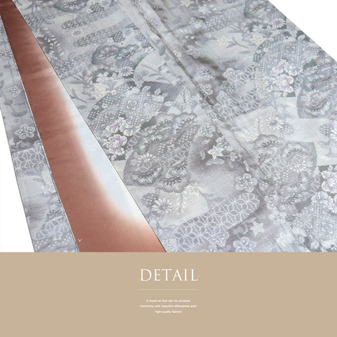 紬 リサイクル 身丈161.3cm 裄65.6cm 袷 地紙に松や花柄 麻の葉柄 グレー Lサイズ カジュアル しつけ糸 正絹 広衿 Sランク