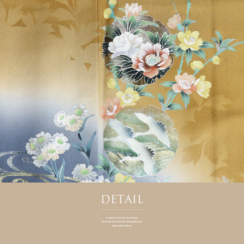 訪問着 リサイクル 身丈160cm 裄64.4cm 袷 雪輪模様 鶴柄 花柄 箔加工 イエロー Mサイズ セミフォーマル お洒落 正絹 広衿 Aランク