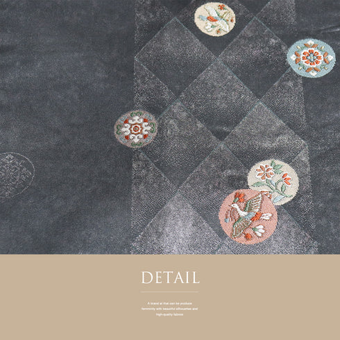 名古屋帯 リサイクル 帯丈368.5cm ポイント柄 華文 鳥柄 花柄 グレー Mサイズ 正絹 Sランク お洒落