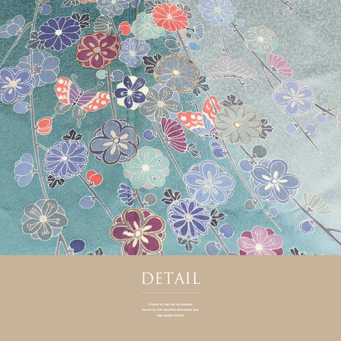 訪問着 リサイクル 身丈166.5cm 裄66.8cm 袷 蝶や松に枝垂れ桜柄 金駒刺繍 箔 パールトーン加工 ブルー LLサイズ セミフォーマル お洒落 一つ紋 正絹 広衿 Sランク