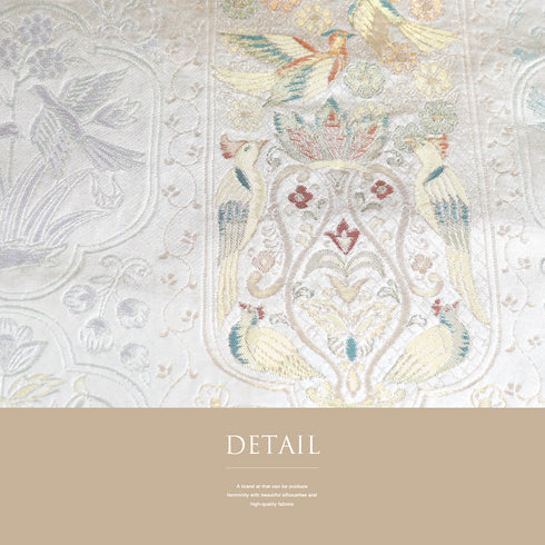 名古屋帯 リサイクル 帯丈357.5cm 六通 唐草に鳥柄 シルバー Sサイズ 正絹 新品・未使用品 お洒落