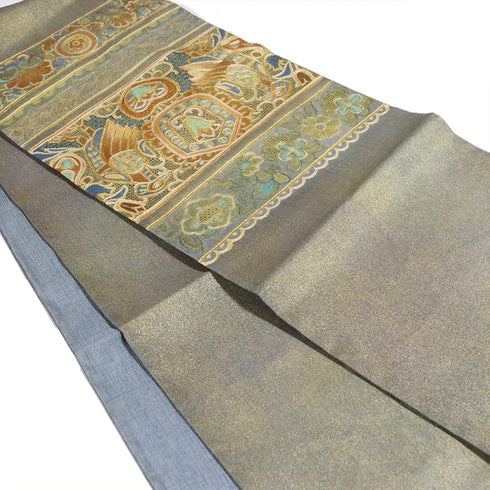 袋帯 リサイクル 帯丈468cm ポイント柄 汕頭 壁画柄 オリエンタル柄 ゴールド LLサイズ 正絹 Sランク お洒落