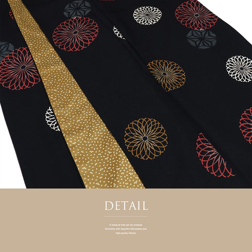 小紋 リサイクル 身丈167.7cm 裄69cm 袷 デザイン菊柄 丸に麻の葉柄 既製品 ブラック LLサイズ お洒落 カジュアル ポリエステル 洗える着物 広衿 Aランク