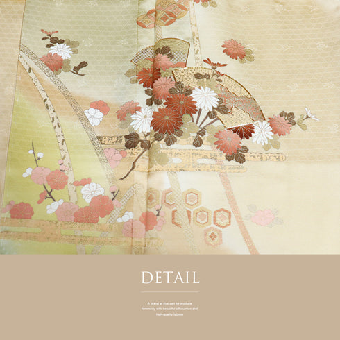 付下げ リサイクル 身丈159.5cm 裄66.4cm 袷 扇子や菊柄 金駒刺繍 箔 ゆったりサイズ オレンジ Mサイズ セミフォーマル お洒落 正絹 広衿 Sランク