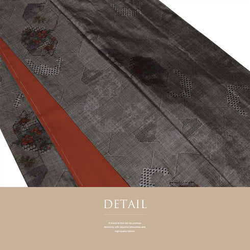 紬 リサイクル 身丈157.8cm 裄62.4cm 袷 デザイン亀甲柄 グレー Mサイズ お洒落 カジュアル しつけ糸 正絹 広衿 Sランク