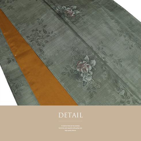 大島紬 リサイクル 身丈156.5cm 裄63.6cm 袷 花柄 グリーン Mサイズ お洒落 カジュアル しつけ糸 正絹 広衿 Sランク